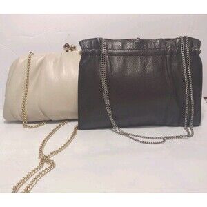 70s Genuine Leather Kiss Lock Purse Bundle Brown & Beige Gold Chain Evening Bags